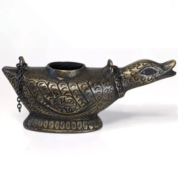 Vintage Aged Brass Bird Duck Incense Burner Oil Lamp India Heavy Bronze 6.5" - Picture 1 of 5